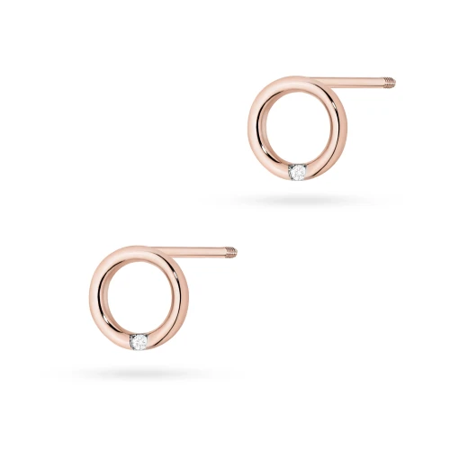 Minimalistyczne kolczyki z różowego złota kółeczka z brylantami sztyft zakręcany labret