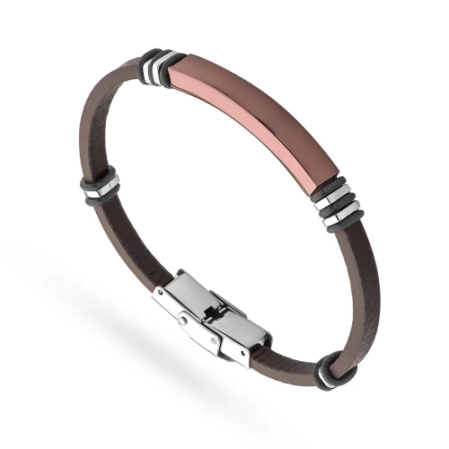 Skórzana męska brązowa bransoleta z miedzianą blaszką stalowe elementy grawer  BS025 marko