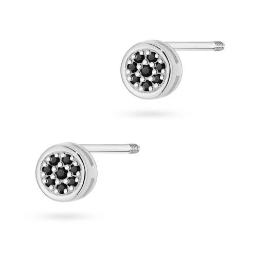 Złote okrągłe kolczyki z czarnymi  diamentami białe złoto sztyft zakręcany labret
