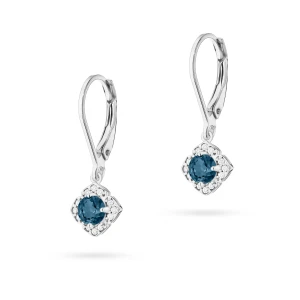 Kolczyki z białego złota długie wiszące topaz London Blue i brylanty kwiat