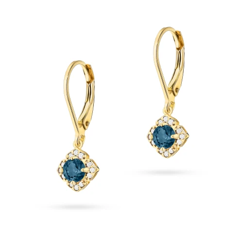 Kolczyki z żółtego złota długie wiszące topaz London Blue i brylanty kwiat