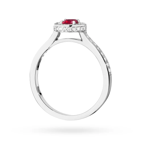 Pierścionek z białego złota okrągła oprawa Halo rubin 0,35ct i boczne brylanty Kultowa