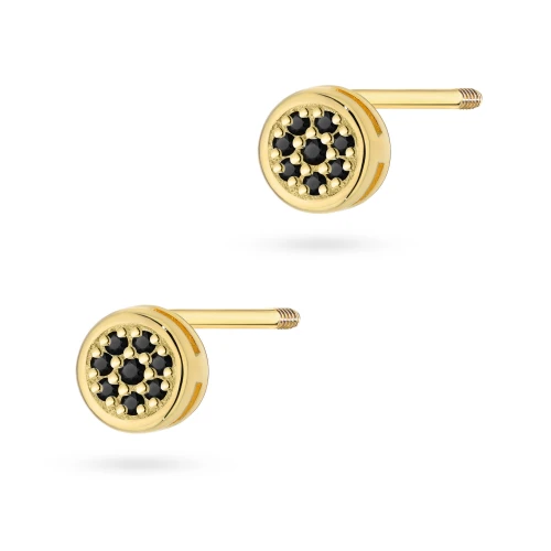 Złote okrągłe kolczyki z czarnymi  diamentami żółte złoto sztyft zakręcany labret