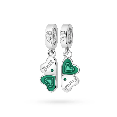 Srebrna zawieszka podwójna zielona koniczyna z cyrkoniami dla przyjaciól Best Friends dwa serca Charms Z728-925-ZS marko