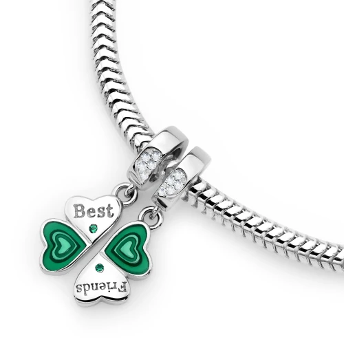 Srebrna zawieszka podwójna zielona koniczyna z cyrkoniami dla przyjaciól Best Friends dwa serca Charms Z728-925-ZS marko