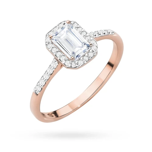 Pierścionek z różowego złota oprawa halo  prostokątny diament laboratoryjny Lab Diamonds