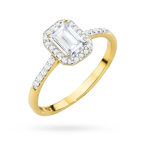 Pierścionek z żółtego złota oprawa halo  prostokątny diament laboratoryjny Lab Diamonds