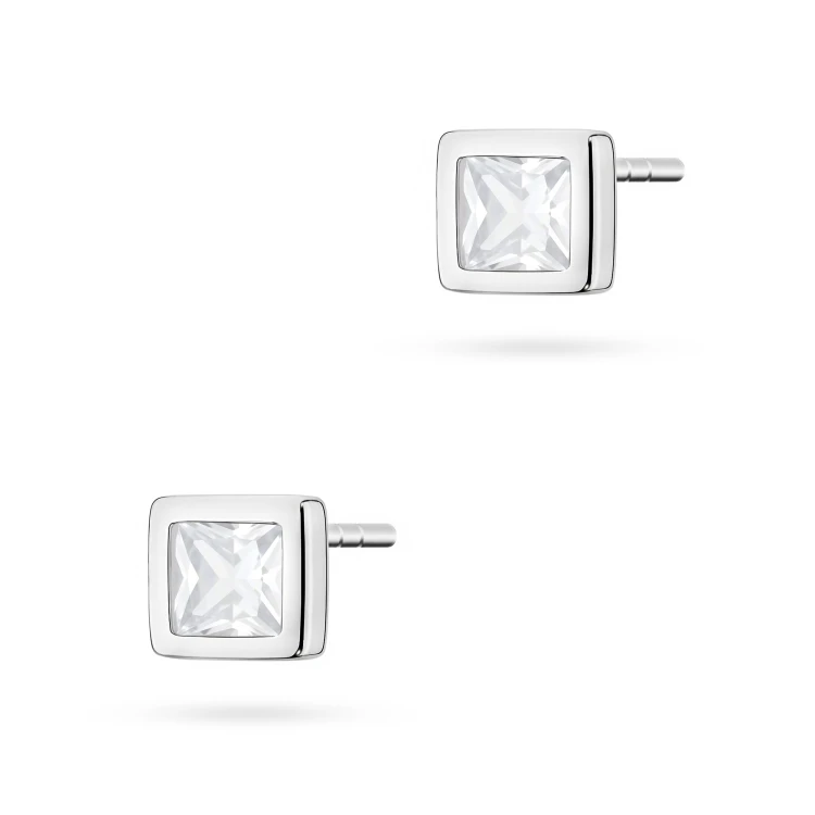 Srebrne kolczyki kwadratowe pojedyncza cyrkonia oprawa bezel 4 x 4mm Jeso K2034-925-S marko