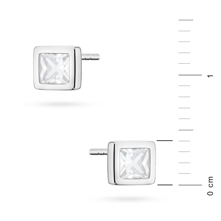 Srebrne kolczyki kwadratowe pojedyncza cyrkonia oprawa bezel 4 x 4mm Jeso K2034-925-S marko