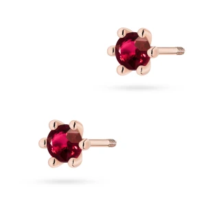 Klasyczne kolczyki z różowego złota  z pojedynczym rubinem 2 x 0,15ct sztyft zakręcany
