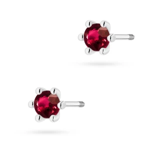 Klasyczne kolczyki z białego złota  z pojedynczym rubinem 2 x 0,15ct sztyft zakręcany