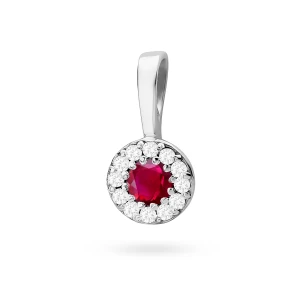 Elegancka złota zawieszka oprawa Halo  z rubinem 0,15ct z białego złota