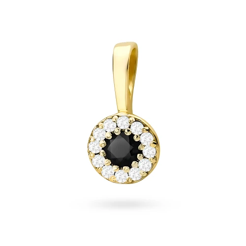 Elegancka złota zawieszka oprawa Halo  z czarnym diamentem 0,12ct i brylantami z żółtego złota