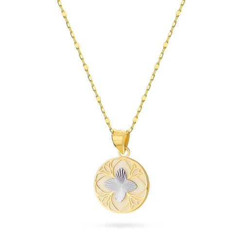 Złoty komplet zawieszka diamentowany kwiatek z masą perłową na łańcuszku Z374-585-B-L158 marko