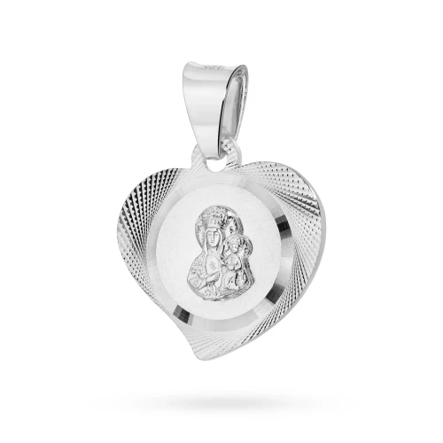 Duży diamentowany srebrny medalik matowy w kształcie serca Matka Boska Częstochowska D558-925-S marko
