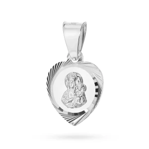 Diamentowany srebrny medalik w kształcie  serca Matka Boska Częstochowska