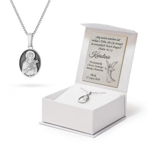 Srebrny komplet żłobiony medalik Święta Teresa na łańcuszku  D129-925-S-L100 marko