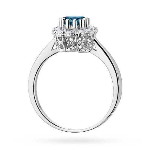 Białe złoto pierścionek zaręczynowy z topazem London Blue 0,50ct i brylantami Dynastia