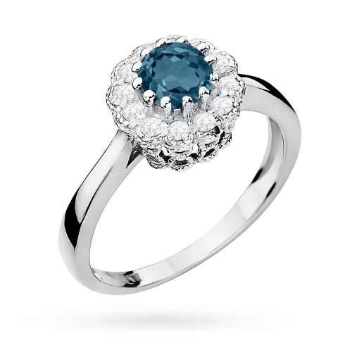 Białe złoto pierścionek zaręczynowy z topazem London Blue 0,50ct i brylantami Dynastia Relove - Rozmiar 14