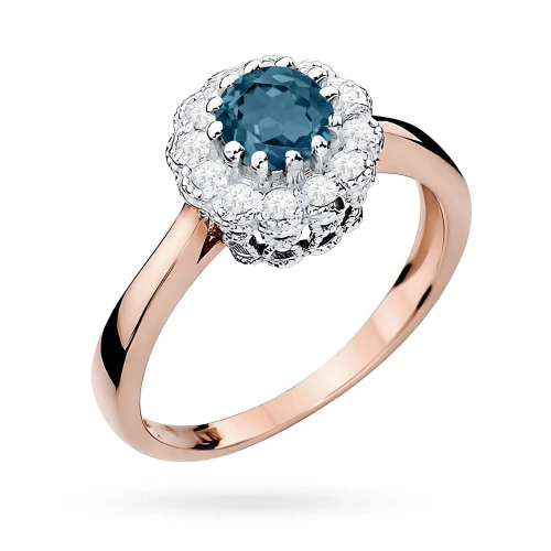 Różowe złoto pierścionek zaręczynowy z topazem London Blue 0,50ct i brylantami Dynastia