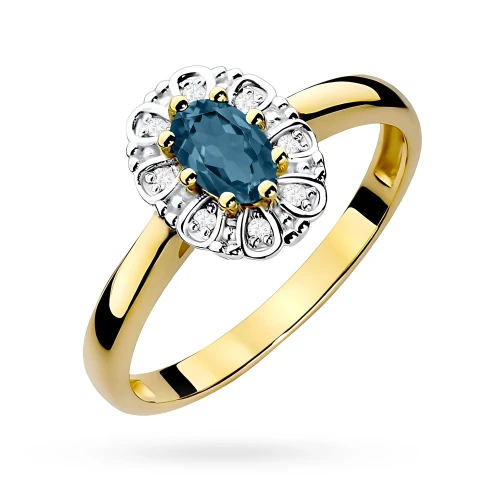Złoty pierścionek zaręczynowy topaz  London Blue brylanty Dynastia