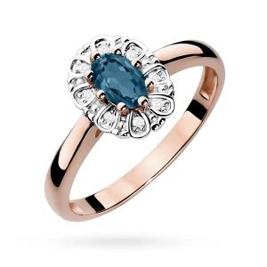 Pierścionek zaręczynowy z różowego złota  topaz London Blue brylanty Dynastia