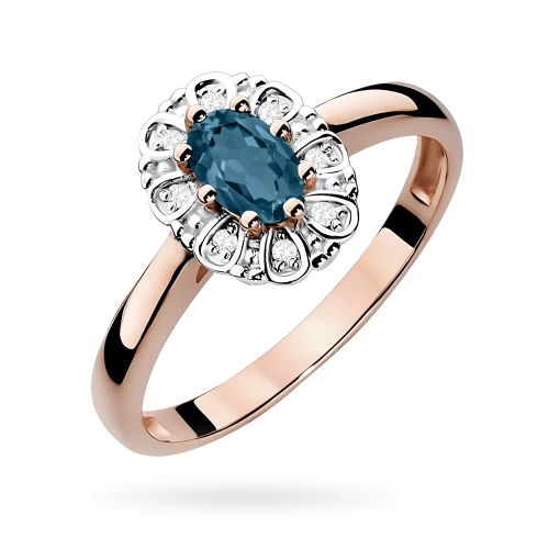 Pierścionek zaręczynowy z różowego złota  topaz London Blue brylanty Dynastia
