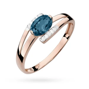 Pierścionek z różowego złota owalny  topaz London Blue i brylanty Kultowa
