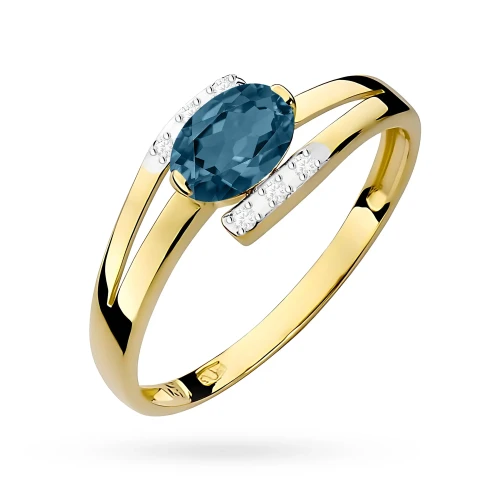 Złoty pierścionek zaręczynowy owalny  topaz london blue i brylanty Kultowa