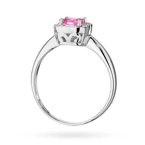 Pierścionek z białego złota z kwadratową  koroną różowy topaz i diamenty Dynastia