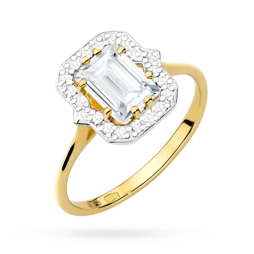 Złoty pierścionek oprawa halo  prostokątny diament laboratoryjny żółte złoto Lab Diamonds