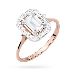 Złoty pierścionek oprawa halo  prostokątny diament laboratoryjny różowe złoto Lab Diamonds