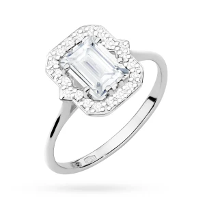 Złoty pierścionek oprawa halo  prostokątny diament laboratoryjny białe złoto Lab Diamonds