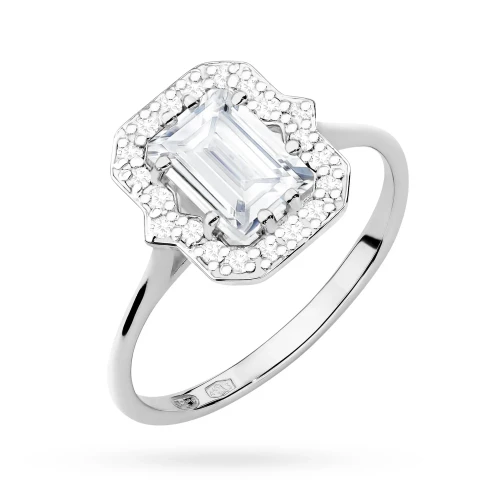 Złoty pierścionek oprawa halo  prostokątny diament laboratoryjny białe złoto Lab Diamonds