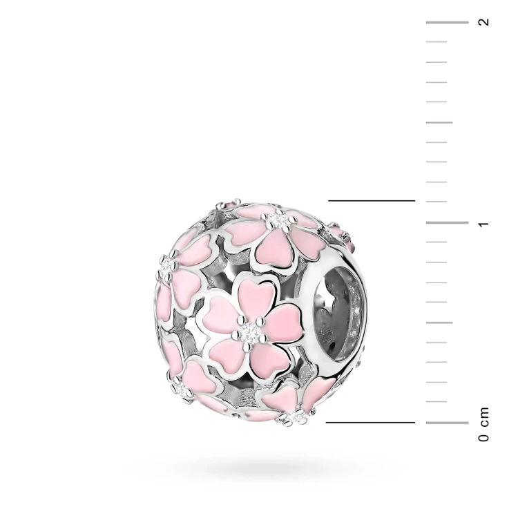 Srebrna zawieszka okrągły koralik różowe kwiaty Charms Z753-925-RS marko