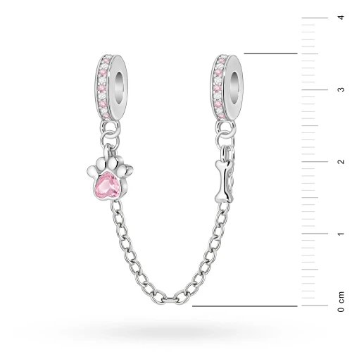 Srebrny łańcuszek zabezpieczający Charms różowa cyrkonia łapka kość L275-925-S marko