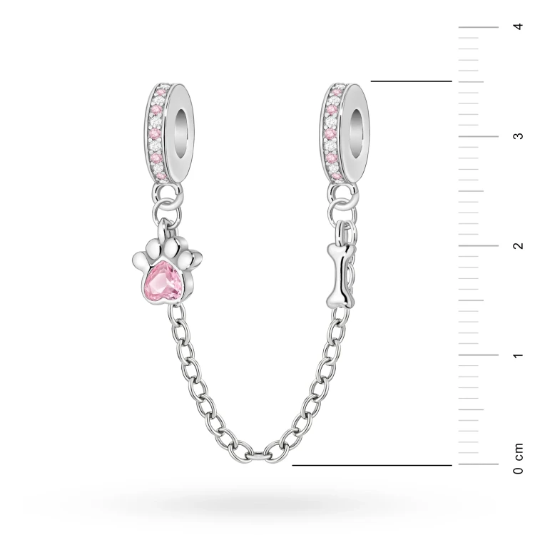 Srebrny łańcuszek zabezpieczający Charms różowa cyrkonia łapka kość L275-925-S marko