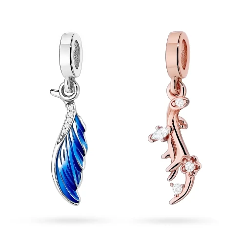 Srebrna dwukolorowa podwójna zawieszka wisiorek skrzydło gałązka cyrkonie Charms Z778-925-RS marko