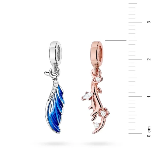 Srebrna dwukolorowa podwójna zawieszka wisiorek skrzydło gałązka cyrkonie Charms Z778-925-RS marko