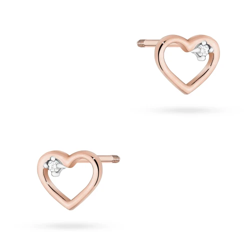 Kolczyki z różowego złota serduszka z brylantami 0,01ct na sztyfcie zakręcanym K0079.R3.DIW.02 marko