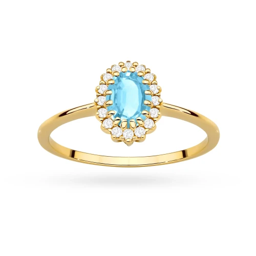 Złoty pierścionek zaręczynowy markiza owalny topaz swiss blue z brylantami Kultowa P222-585-T0.50 marko