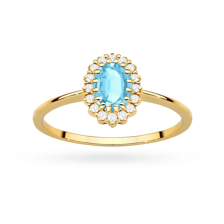 Złoty pierścionek zaręczynowy markiza owalny topaz swiss blue z brylantami Kultowa P222-585-T0.50 marko
