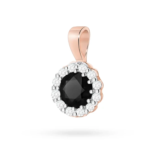 Złota zawieszka oprawa kwiatek z czarnym  diamentem 0,12ct i brylantami z różowego złota