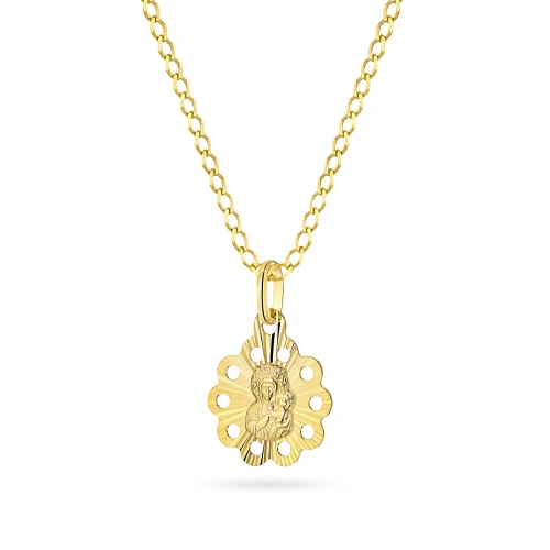 Złoty komplet ażurowy medalik Matka Boska Częstochowska kwiatek promienie łańcuszek pancerka diamentowana D028-333-L154 marko