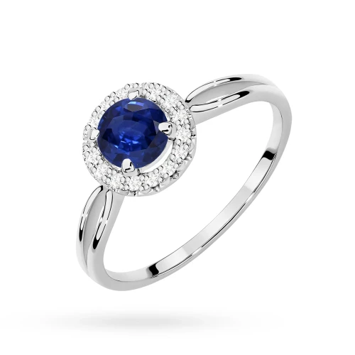 Pierścionek z białego złota z okrągłym szafirem i brylantami oprawa halo Kultowa