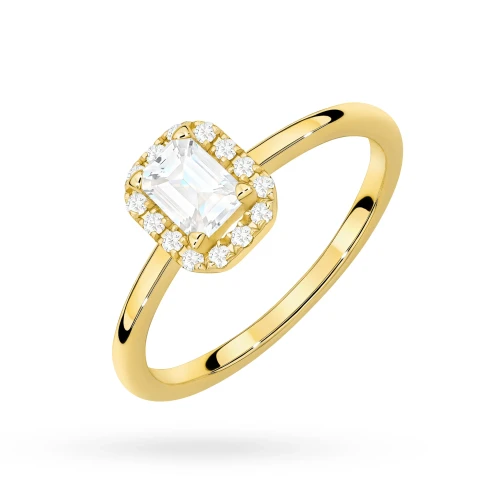Pierścionek z żółtego złota z diamentem laboratoryjnym 0,50ct w szlifie emerald w oprawie halo P0313.Z3.LDW.03 marko