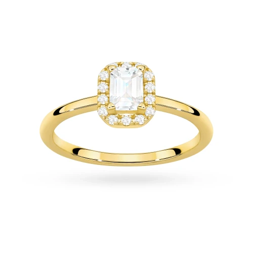 Pierścionek z żółtego złota z diamentem laboratoryjnym 0,50ct w szlifie emerald w oprawie halo P0313.Z3.LDW.03 marko