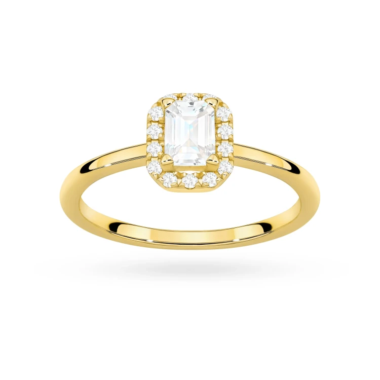 Pierścionek z żółtego złota z diamentem laboratoryjnym 0,50ct w szlifie emerald w oprawie halo P0313.Z3.LDW.03 marko