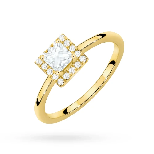 Pierścionek z żółtego złota z diamentem laboratoryjnym 0,50ct w szlifie princess w oprawie halo P0315.Z3.LDW.03 marko