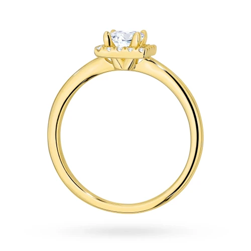 Pierścionek z żółtego złota z diamentem  laboratoryjnym 0,50ct w szlifie princess w oprawie halo